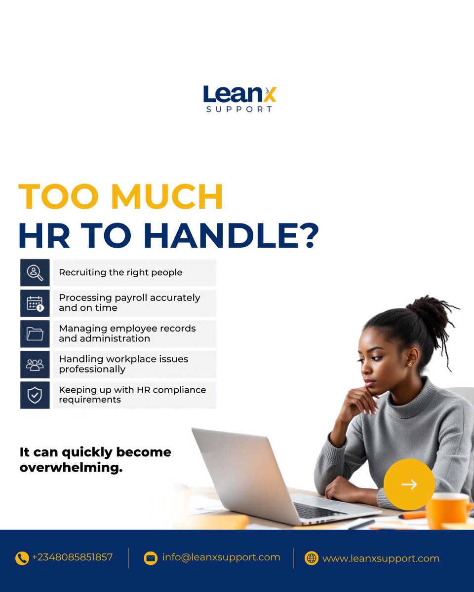 Leanx_Support's tweet photo. Focus on your business while Leanx handles your HR needs.
Get professional HR outsourcing support tailored to your organisation.
WhatsApp: +234 808 585 1857
#Leanx #HROutsourcing #HRServices https://t.co/s8UwR891Ap