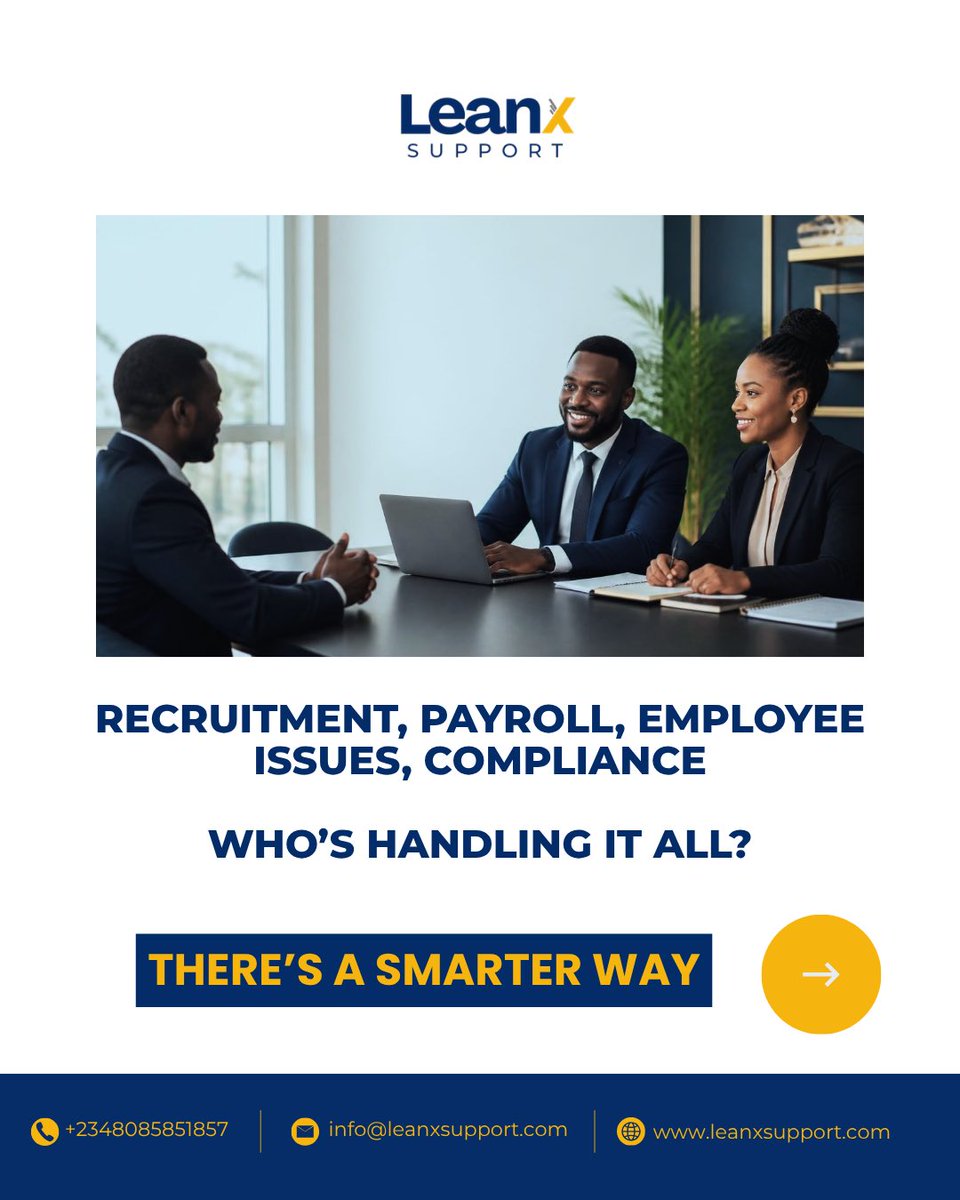 Leanx_Support's tweet photo. Focus on your business while Leanx handles your HR needs.
Get professional HR outsourcing support tailored to your organisation.
WhatsApp: +234 808 585 1857
#Leanx #HROutsourcing #HRServices https://t.co/s8UwR891Ap