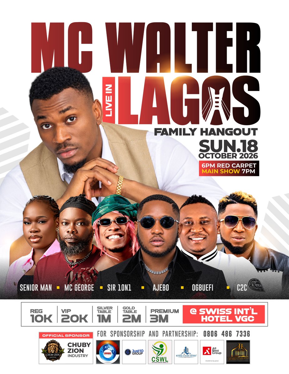 c2cnaija's tweet photo. Lagos are u ready for a show u can't forget in a life time???
MC Walter Family Hangout is on the 18th of October, 2026. I will be on stage to entertain u and u already know what it is... πΆπ₯
Venue is Swiss International hotel VGC
#singerboi #stagegladiator #fypγ·γ https://t.co/g4rmuA7CJJ