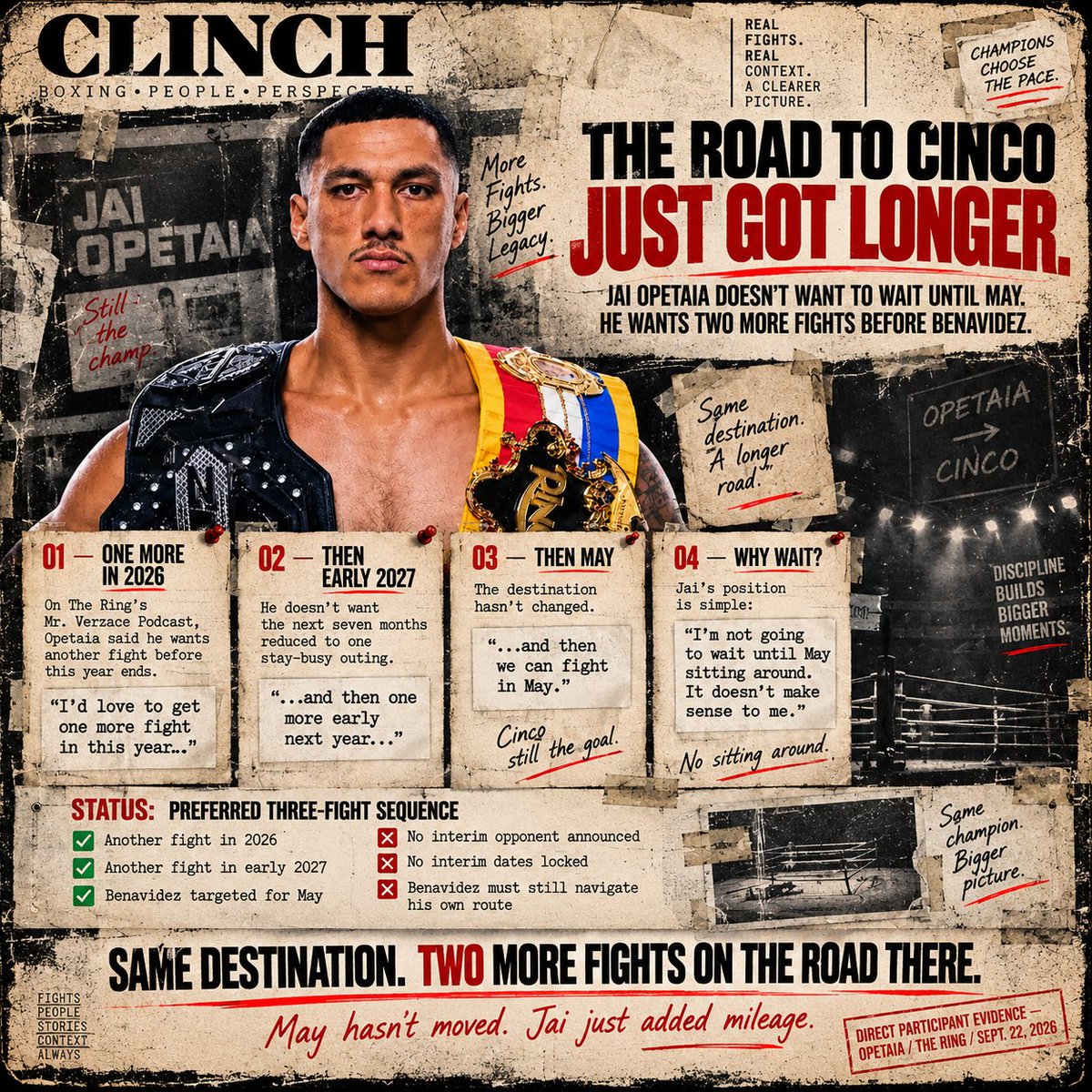 ClinchMag's tweet photo. 🌵THE ROAD TO CINCO JUST GOT LONGER.🌵

Jai Opetaia doesn’t want to sit around until May.

Speaking on The Ring’s Mr. Verzace Podcast, Opetaia laid out the sequence he wants:

🥊 one more fight in 2026
🥊 another in early 2027
🥊 then David Benavidez in May

The destination hasn’t changed.

Jai just added two more fights to the road there.

No interim opponents announced.
No interim dates locked.
Benavidez still has his own route to navigate.

Same destination. More mileage.

🥊 CLINCH Magazine
Facts. Not predictions.