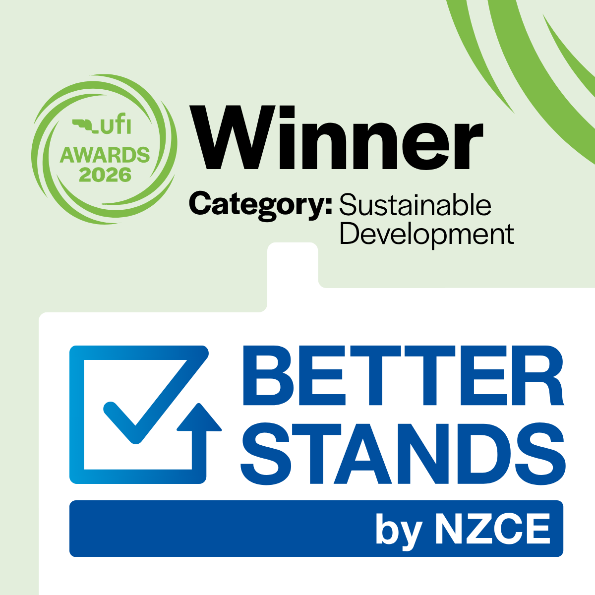 UFILive's tweet photo. 🏆 Better Stands is the winner of the 2026 UFI Sustainable Development Award!

🌎 This year's Award theme was “Best Carbon Reduction Initiative.” 

🔗 DISCOVER THEIR ENTRY: https://t.co/uOGjPqdamK

#ufi #ufiawards #sustainability #betterstands #eventprofs https://t.co/nstrM3atmX