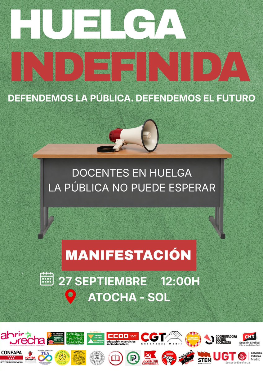 CCOOEducaMa's tweet photo. 🚨 La Educación Pública sale a la calle.

✊ Docentes, familias, alumnado y toda la comunidad educativa estamos llamados a movilizarnos. La pública no puede esperar.

Docentes en huelga: la pública no puede esperar.

#EducaciónEnLucha
#LaPublicaSePlanta
#LaPublicaEnPie https://t.co/yPAQW6zFhf