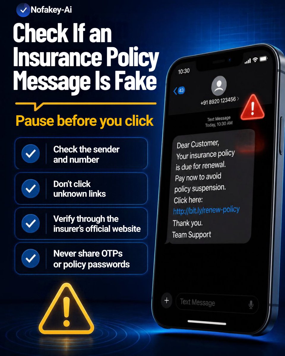 nofakey_ai's tweet photo. Insurance renewal message? Pause before you click.
Check the sender, avoid unknown links, and verify directly through your insurer’s official website. Never share OTPs or passwords.

#NoFakeYAI #ScamAlert #InsuranceScam #OnlineSafety #CyberSecurity #ScamAwareness https://t.co/KX8rBQhJrB