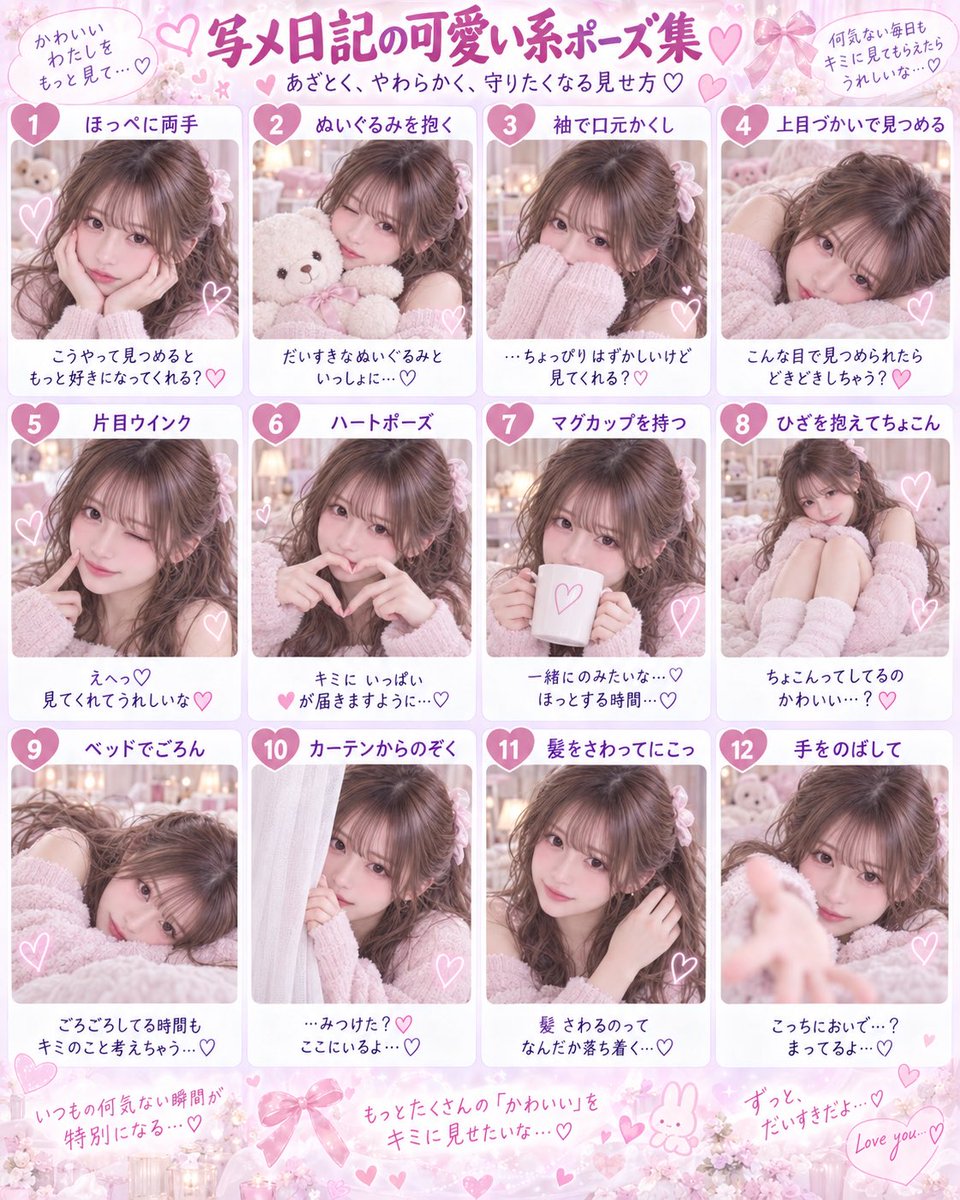 d6ukk's tweet photo. 嬢さん拡散🔁

今回は「可愛い系🎀」と「綺麗系✨」で使いやすいポーズをまとめました♡

雰囲気を少し変えるだけでも、
日記のマンネリ防止にもなるし
“いつもと違う感じ”を出しやすい◎

ポーズに迷った日にすぐ見返せるように
保存して使ってね🫶🏻💗

可愛い系派？綺麗系派？👀💭 https://t.co/358Biqc6ZV