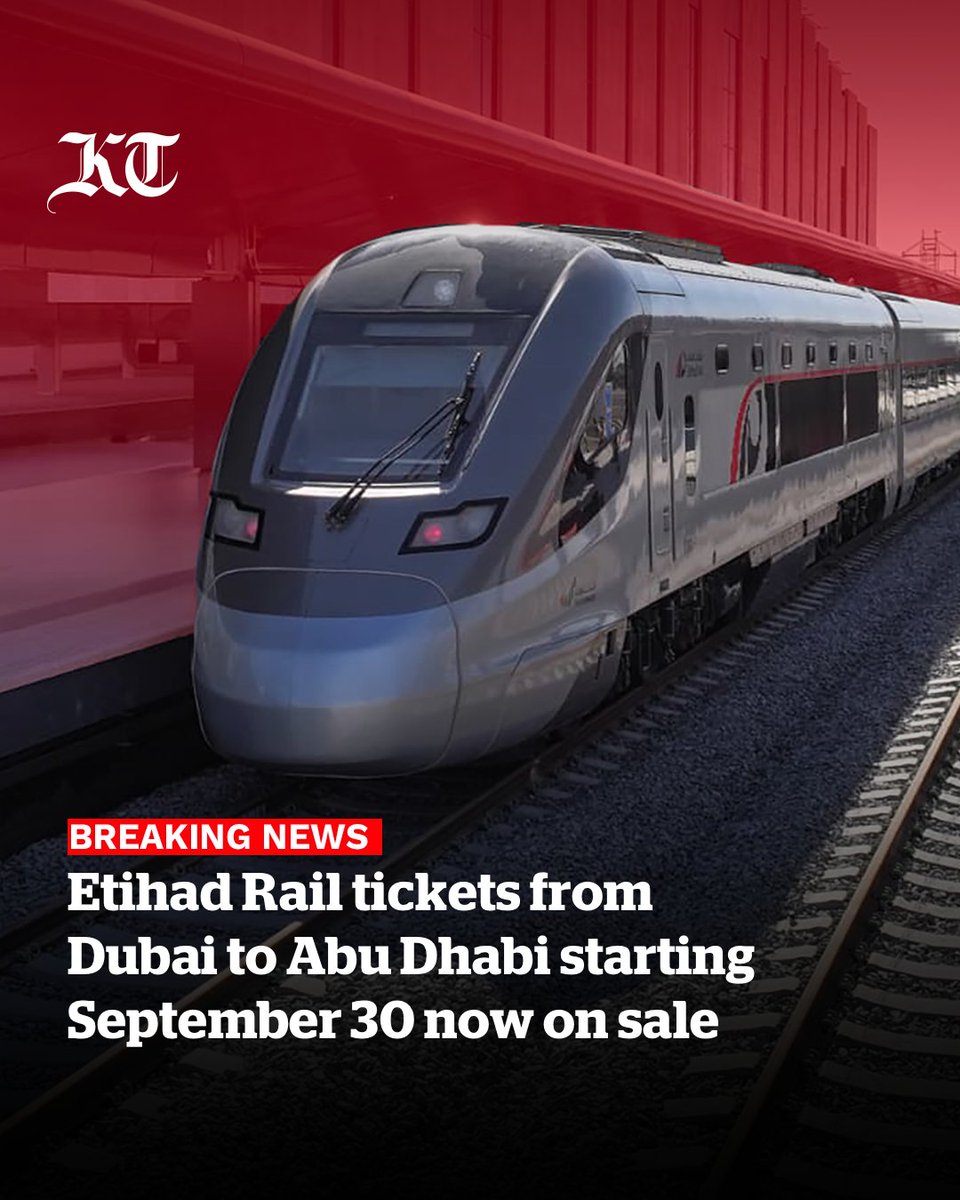 khaleejtimes's tweet photo. #BreakingNews 
Bookings for passengers wanting to travel on @Etihad_Rail from the #Dubai station have now opened. 

Ticket prices from Dubai to Abu Dhabi start at Dh39 per person. 

https://t.co/oaK5AjsBmb https://t.co/bvLpqi8IGn