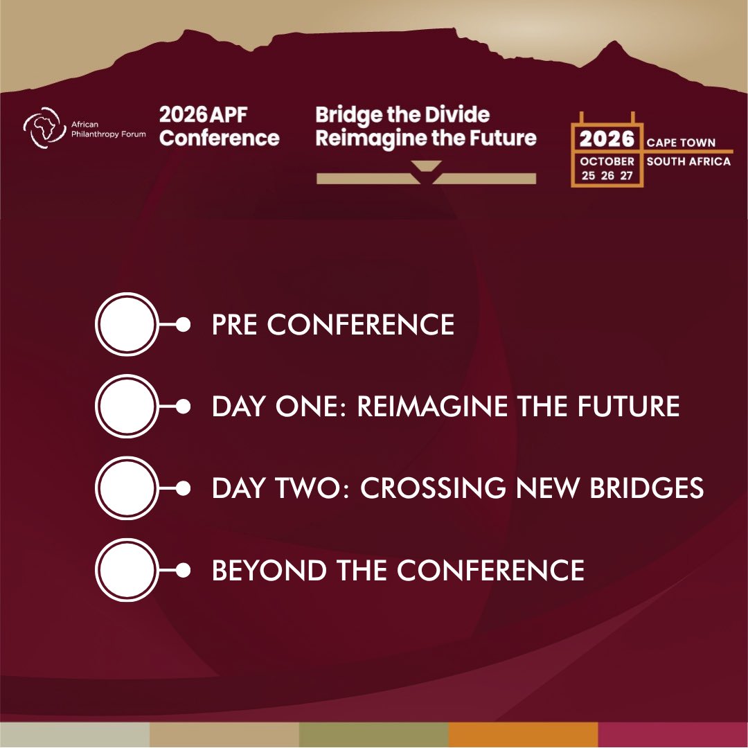 APForg's tweet photo. One conference. Four moments to connect, reflect and reimagine.

What can happen when we create space for new ideas, cross-sector conversations and meaningful connections?

From the Pre-Conference to Reimagining the Future, Crossing New Bridges and the conversations that continue beyond the conference, every moment is an opportunity to explore what is possible for African philanthropy.

The 2026 APF Conference is more than three days on the calendar. It is an invitation to challenge assumptions, connect across divides and shape new possibilities together.

Are you ready to be part of the conversation?

#APFConference2026 #APF #BridgeTheDivide #ReimagineTheFuture #AfricanPhilanthropy