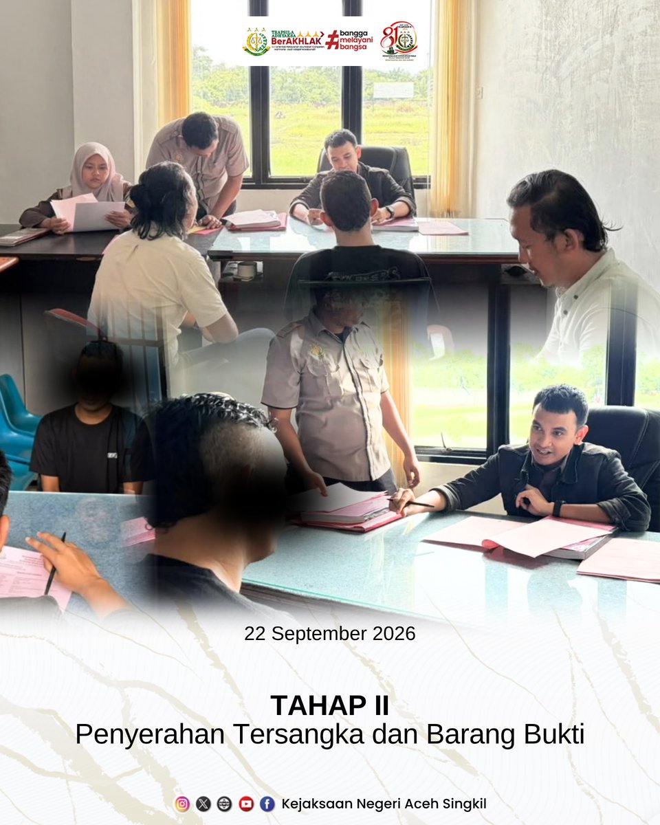 knsingkil's tweet photo. Selasa, 22 September 2026

Jaksa Penuntut Umum pada Kejaksaan Negeri Aceh Singkil telah menerima penyerahan tanggung jawab tersangka dan barang bukti (Tahap II) Perkara Tindak Pidana Penggelapan dan Pencurian dari Penyidik Polres Aceh Singkil.

#KejaksaanRI
#KejariAcehSingkil https://t.co/fQiORX8tm8