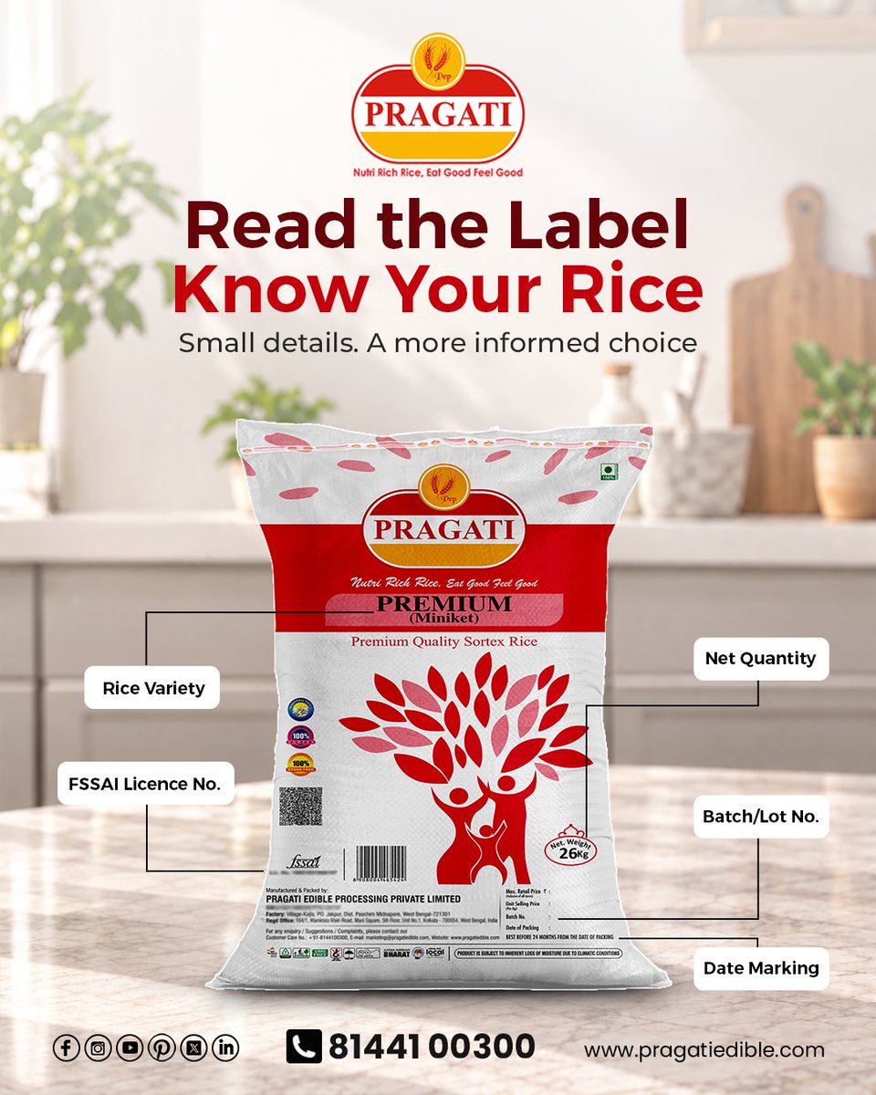 PragatiEdibles's tweet photo. Read the label. Know your rice. ๐๐๐ค
Check the key details on your rice pack before you buy. Want to know more?
๐๐๐๐ ๐จ๐ฎ๐ซ ๐๐ฅ๐จ๐ : https://t.co/seFRJfa4IS
.
.
#Pragati #Rice #NutriRichRice #ReadTheLabel #KnowYourRice #FoodLabelling #FSSAI #PackagedFood #SmartShopping https://t.co/Ad5rypj8GF