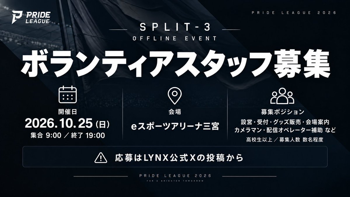 LYNX_e_sports's tweet photo. 【PRIDE LEAGUE 2026 SPLIT-3】
ボランティアスタッフ募集📣

10/25(日)神戸オフラインイベント最終節を一緒に支えていただける方を募集します！

📍eスポーツアリーナ三宮
🎮設営・受付・グッズ販売・会場案内・カメラマン・配信オペレーター補助など

応募詳細はリプをチェック👇💬
#PRIDE2026 https://t.co/pjgI7PEbSY