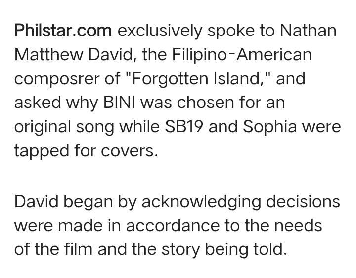 aomsdbr's tweet photo. “THEIR VOCALS ARE INCREDIBLE… THEY WERE JUST THE PERFECT FIT.”

— Forgotten Island composer Nathan Matthew David, in an exclusive Philstar interview on BINI’s original song

“WE KNEW THEY WERE GOING TO BE SO PERFECT FOR THIS.”

#BINIxForgottenIsland
#BINI #BINI_AParallelWorld https://t.co/jeM1NApSNp