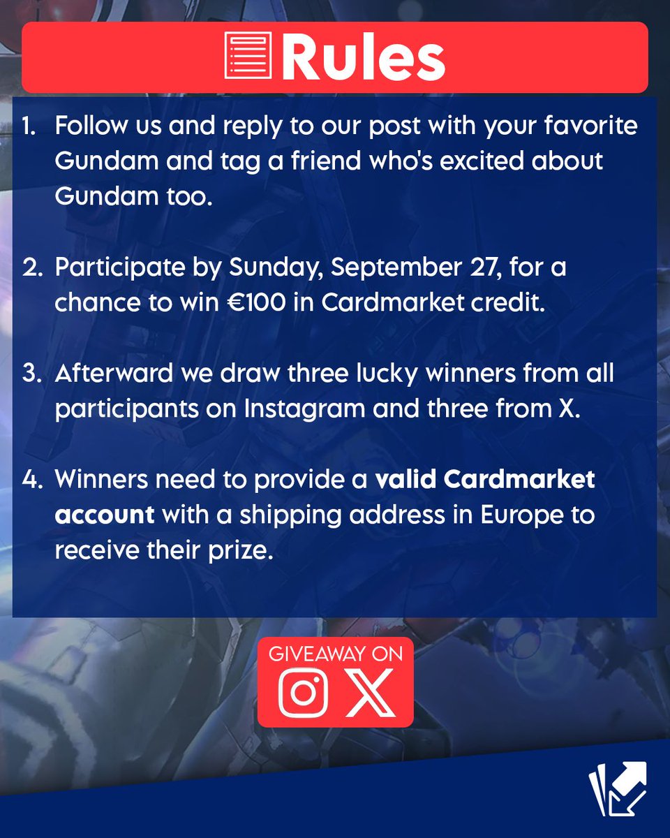 cardmarket_com's tweet photo. Gundam Card Game is now fully supported on Cardmarket! To celebrate, we're giving €100 coupons to 3 people in the comments.

To participate:

✅️ Follow @cardmarket_com on X

🤖 Tag a friend and comment your favorite Gundam

Good luck, Gundam Meisters!
#CardmarketCommunity https://t.co/x8IZtqrDM7