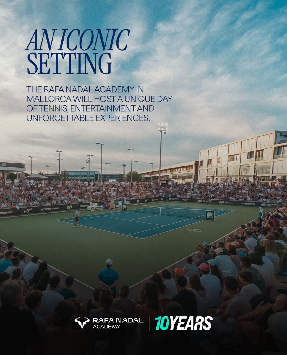 rnadalacademy's tweet photo. On October 3, the Rafa Nadal Academy celebrates its 10th anniversary in Mallorca 🎾

Two teams. Eight players. One unforgettable exhibition — plus live entertainment and plenty of surprises still to come 👀

📍 Manacor
📅 October 3
Be part of it!
https://t.co/qSRJyz5F2o https://t.co/z0QOh6bsfE