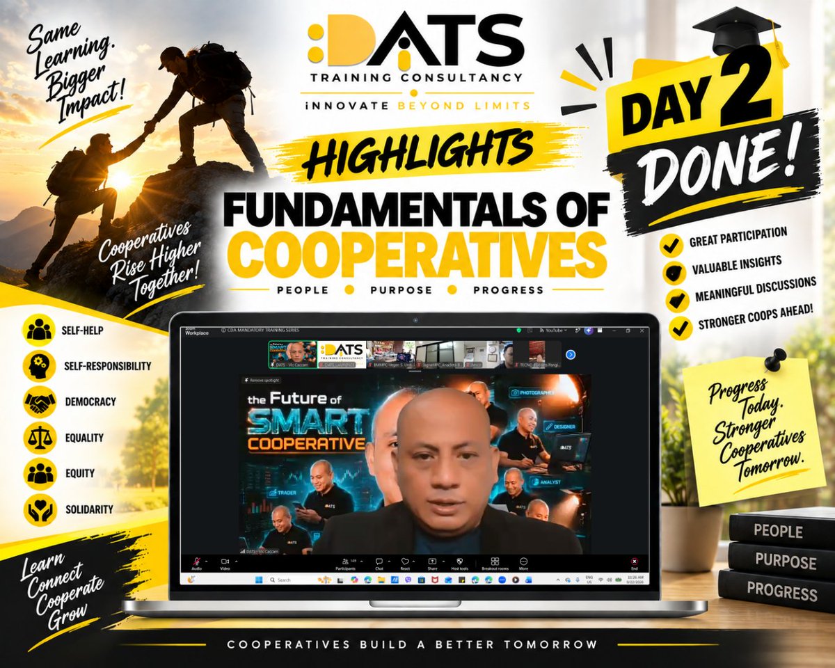 DATSTandC's tweet photo. DAY 2 — DONE! 🔥💛

Another day of learning and sharing as we continue building stronger cooperative leaders.

Two days down. One journey, one purpose: stronger cooperatives! 🤝

#Day2Done #FundamentalsOfCooperatives #DATS #StrongerCooperatives https://t.co/lzwDQVe2KL
