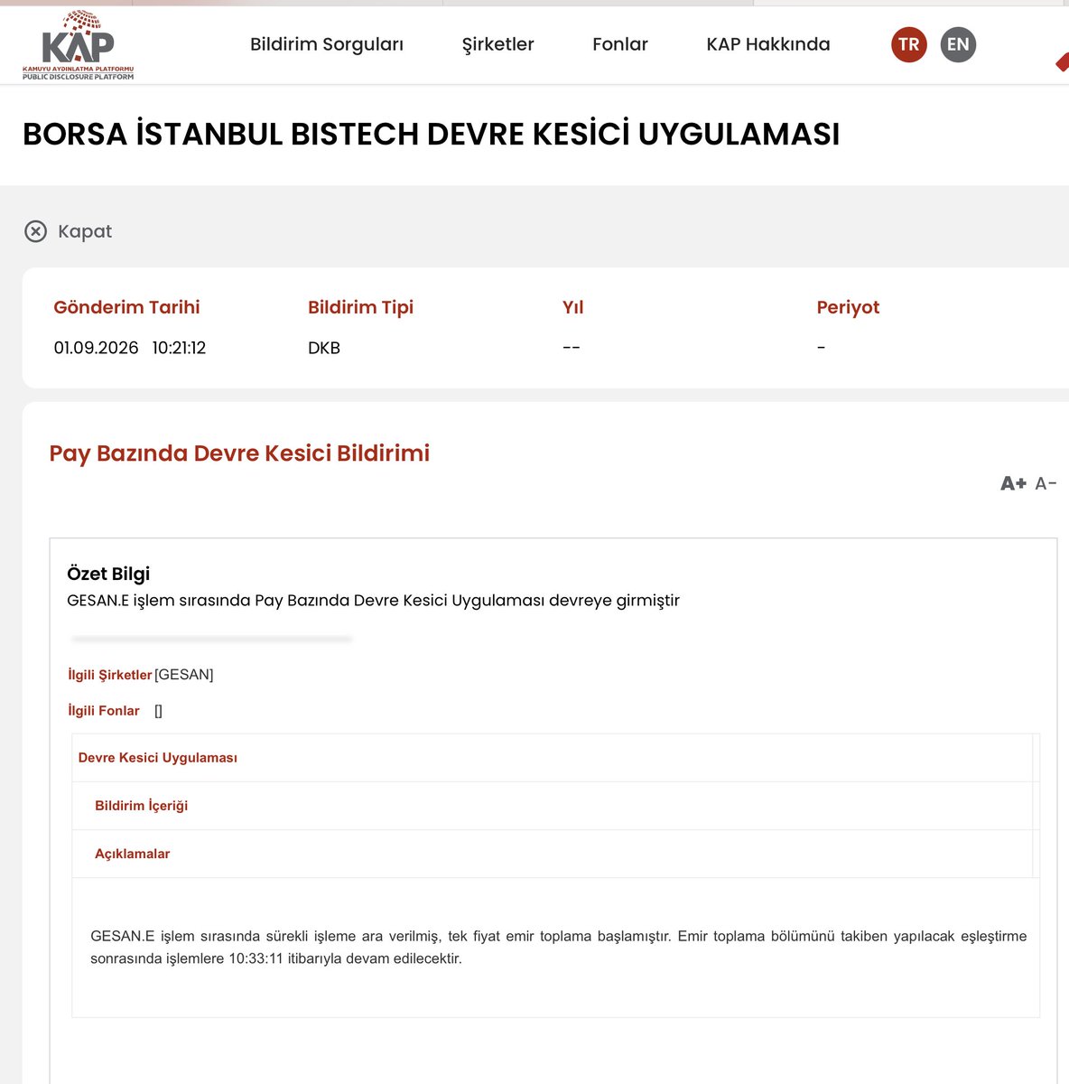 e_ercis's tweet photo. GESAN'DA 4 GÜNLÜK DÜŞÜŞÜN GİZLİ HİKAYESİ.

GESAN'da (Girişim Elektrik Sanayi Taahhüt ve Ticaret A.Ş.) 1 Eylül'de başlayan ve dört işlem gününde hisseyi 92.10 TL'den 60.50 TL'ye, yani yaklaşık %34 aşağı çeken hareketin en kritik ayrıntısı, Tera Portföy'ün pozisyon değişiminin fiyat hareketiyle olağanüstü biçimde çakışmasıdır. 31 Ağustos'ta Tera'nın beş fonu GESAN'da 4 MİLYON 880 BİN 478 lot net alım yaptı ve fiili dolaşımdaki pay oranını %9.0895'ten %11.8664'e taşıdı; ertesi gün, yani 1 Eylül'de hisse %9.99 düşerken Tera bu kez 4 MİLYON 805 BİN 701 lot net alım yaptı. Böylece iki işlem gününde Tera fonlarının GESAN'daki net pozisyonu yaklaşık 9.69 MİLYON lot arttı.

Öne çıkan daha çarpıcı ayrıntı ise 2 Eylül tarihi. Tera'nın 1 Eylül işlem sonunda toplam GESAN pozisyonu 30 MİLYON 543 BİN 404 lota ulaşırken, 3 Eylül bildirimindeki gün başlangıcı bakiyesi 24 MİLYON 897 BİN 454 lot olarak görülüyor. Aradaki fark 5 MİLYON 645 BİN 950 lot. Yani 2 Eylül'de Tera'nın beş fonunun toplam GESAN pozisyonunda, %5 eşiği açıklaması doğurmadığı için kamuya ayrı bir KAP bildirimi yansımayan yaklaşık 5.65 MİLYON lotluk azalış ortaya çıkıyor. 

Asıl kırılma 3 Eylül'de geliyor. Tera Portföy; DOH, T3B, TLY, TMV ve THF fonlarının GESAN pozisyonundan tek günde 10 MİLYON 272 BİN 956 lotu sıfır alışla sattığını açıkladı ve sermaye payını %5.4124'ten %3.1792'ye indirdi. TEFAS fonları açısından fiili dolaşımdaki pay oranı da %14.1470'den %8.3019'a geriledi. GESAN'ın o günkü işlem miktarı yaklaşık 15.86 MİLYON lot olduğundan, Tera'nın bildirilen satışı günlük işlem miktarının yaklaşık %64.8'ine denk geliyor; kapanış fiyatı üzerinden bakıldığında nominal miktarın karşılığı yaklaşık 690 MİLYON TL, gerçek satış geliri ise işlem fiyatlarını bilmediğimiz için şuan için belirsiz.

Dahası, 1 Eylül sabahı saat 10.21'de GESAN'da devre kesici çalışmıştı; 3 Eylül sonunda ise Borsa İstanbul, GESAN dahil beş payda 4 Eylül'den itibaren açığa satış ve kredili işlem yasağının uygulanacağını duyurdu. Buna rağmen 4 Eylül'de GESAN'da 90.8 MİLYON lot işlem gerçekleşti ve hisse yine yaklaşık %10 geriledi.

Üstelik SPK'nın 18 Eylül açıklaması, 2025 son çeyreğinden itibaren bazı serbest ve para piyasası fonlarının düşük fiili dolaşıma sahip hisselerde ekonomik gerçeklikle açıklanamayacak fiyat hareketlerine neden olduğunun gözlemlendiğini açıkça belirtiyor. Bu nedenle GESAN'daki 31 Ağustos–4 Eylül zinciri, özellikle Tera'nın önce yaklaşık 9.69 MİLYON lotluk pozisyon artırması, ardından 2 Eylül'de bakiyenin yaklaşık 5.65 MİLYON lot azalması ve 3 Eylül'de 10.27 MİLYON lotluk satışa geçmesi bakımından, Borsa İstanbul emir kayıtları, MKK hesap hareketleri, karşı taraflar ve fon bazında işlem zamanlarıyla yeniden incelenmesi gereken kritik bir hat oluşturuyor.