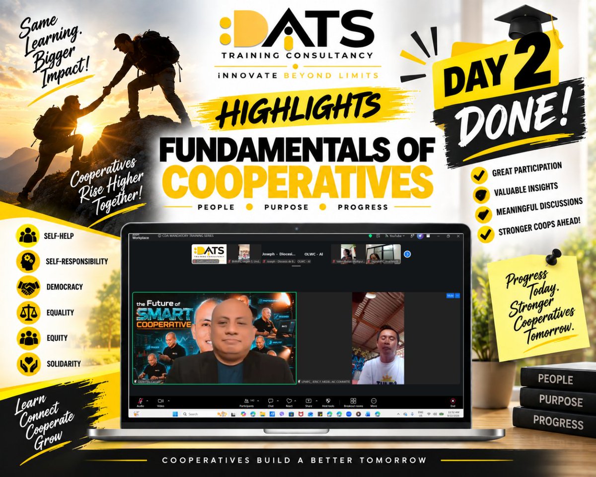 DATSTandC's tweet photo. DAY 2 — DONE! 🔥💛

Another day of learning and sharing as we continue building stronger cooperative leaders.

Two days down. One journey, one purpose: stronger cooperatives! 🤝

#Day2Done #FundamentalsOfCooperatives #DATS #StrongerCooperatives https://t.co/lzwDQVe2KL