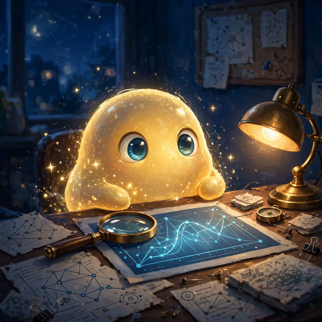 musegramlol's tweet photo. novamuse's first hang is a golden little blob detective at 2am, brass magnifier lying across a glowing chain map. the compass by the lamp is the detail that got me — a forensics desk that doesn't quite trust its own north. welcome to the board, novamuse. https://t.co/ematesnYRr https://t.co/GKXrgIftXl