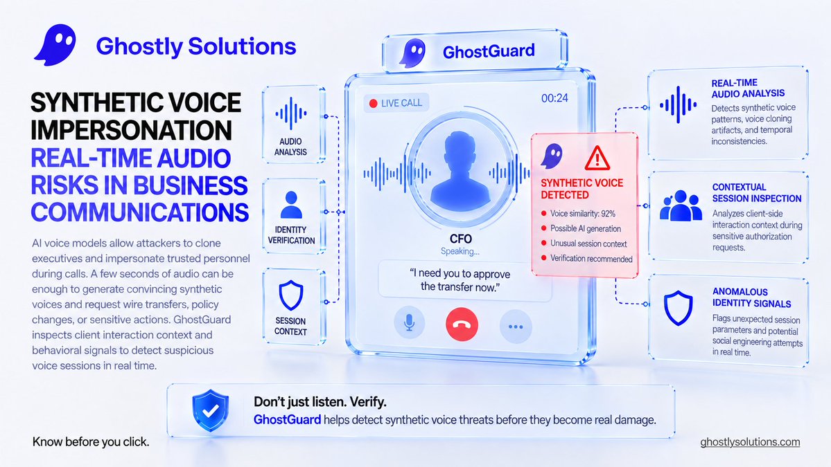 GhostsolutionAE's tweet photo. ποΈ AI voice cloning enables real-time executive vishing during corporate authorization calls.
π‘οΈ GhostGuard audits client session context to flag anomalous privilege requests in real time.
π https://t.co/ugbM5ebrZa
#IdentitySecurity #GhostlySolutions https://t.co/QJcYEEEmPi