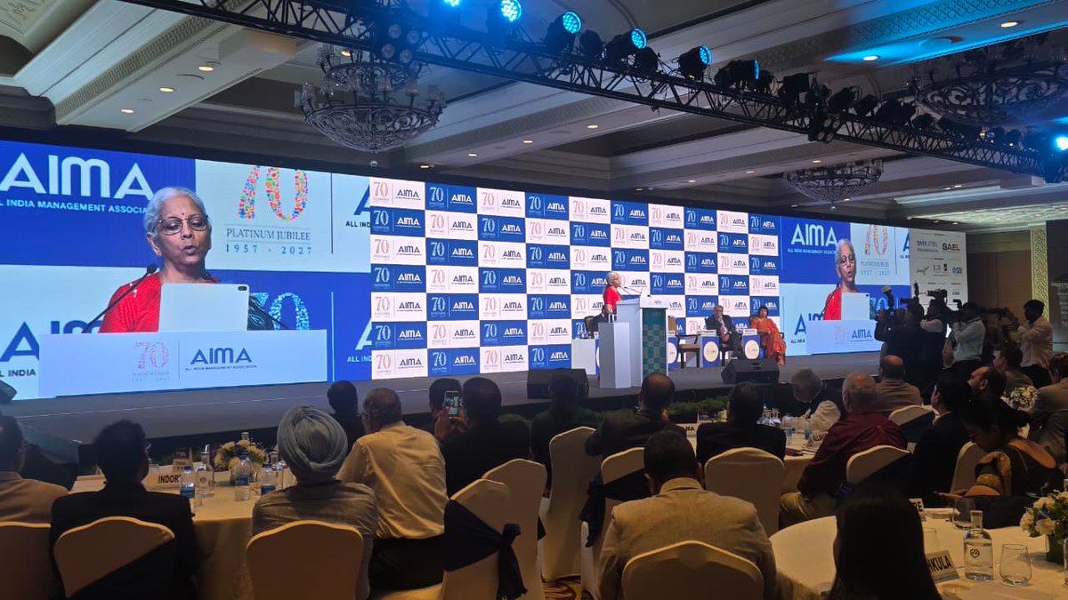 aimaindia's tweet photo. In her keynote address, @nsitharaman highlighted India’s 8% GDP growth, stronger investment, R&amp;D and infrastructure, and the need for trust and responsible corporate leadership. She stressed that quality must become India’s next "national movement". 

#NMC2026 https://t.co/qmIRjpYexk