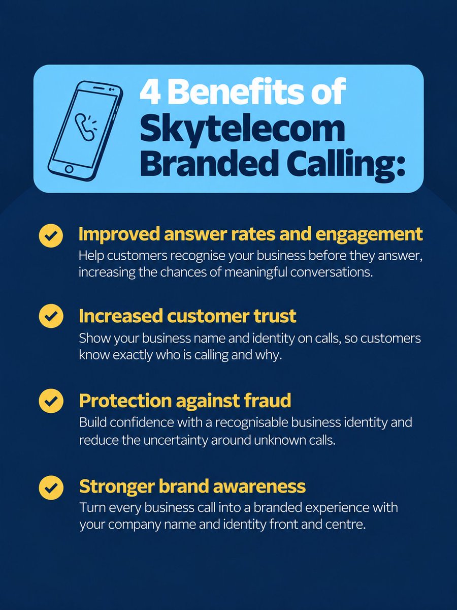 Skytelecom_x's tweet photo. Make every business call more recognisable with Skytelecom Branded Calling. 📞

From stronger customer trust to better engagement and brand visibility, give every call a clear business identity.

#Skytelecom #BrandedCalling #BusinessCommunication #CustomerTrust https://t.co/zkeQ4mVsI2