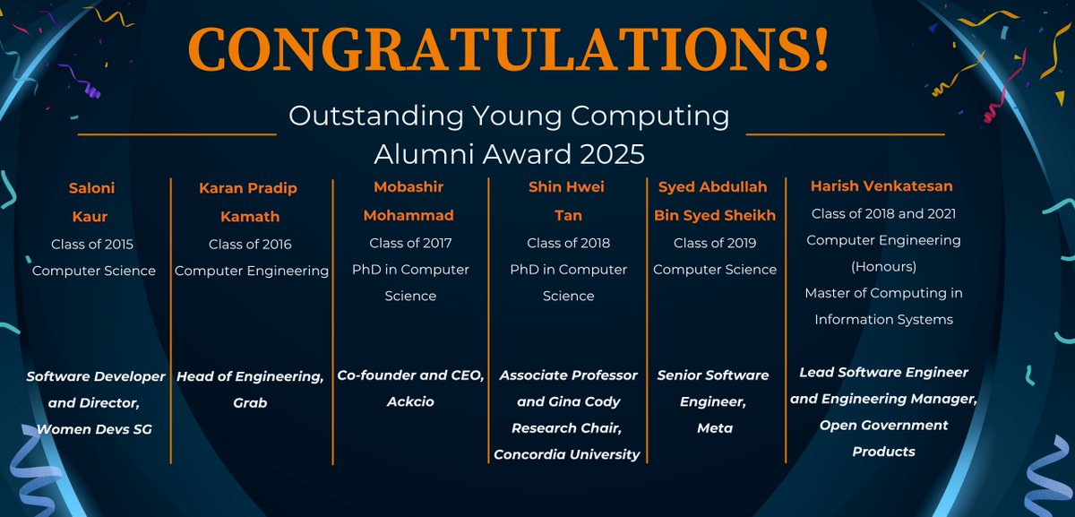 NUSComputing's tweet photo. Congratulations to the six recipients of the Outstanding Young Computing Alumni Award 2025! 🏅   NUS Computing alumni now leading at Grab, Meta, OGP, Concordia University, Ackcio and Women Devs SG: https://t.co/gv8migxh84 https://t.co/tAu3RizSMk