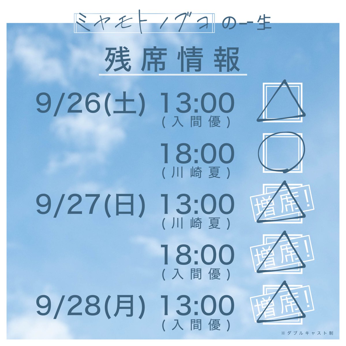 Dashiarai_city's tweet photo. 9/22時点の残席情報です。

9/27.28の回を増席しました。
いよいよ今週末本番です。お早めにご予約ください。

[予約リンク(団体扱い)]
https://t.co/xFcCn1lDIu https://t.co/MhRdln70kn