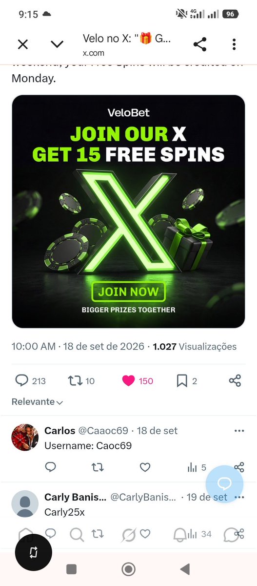 Caaoc69's tweet photo. @Velo_Win I didn't receive my free spins. https://t.co/TL5szGNhil