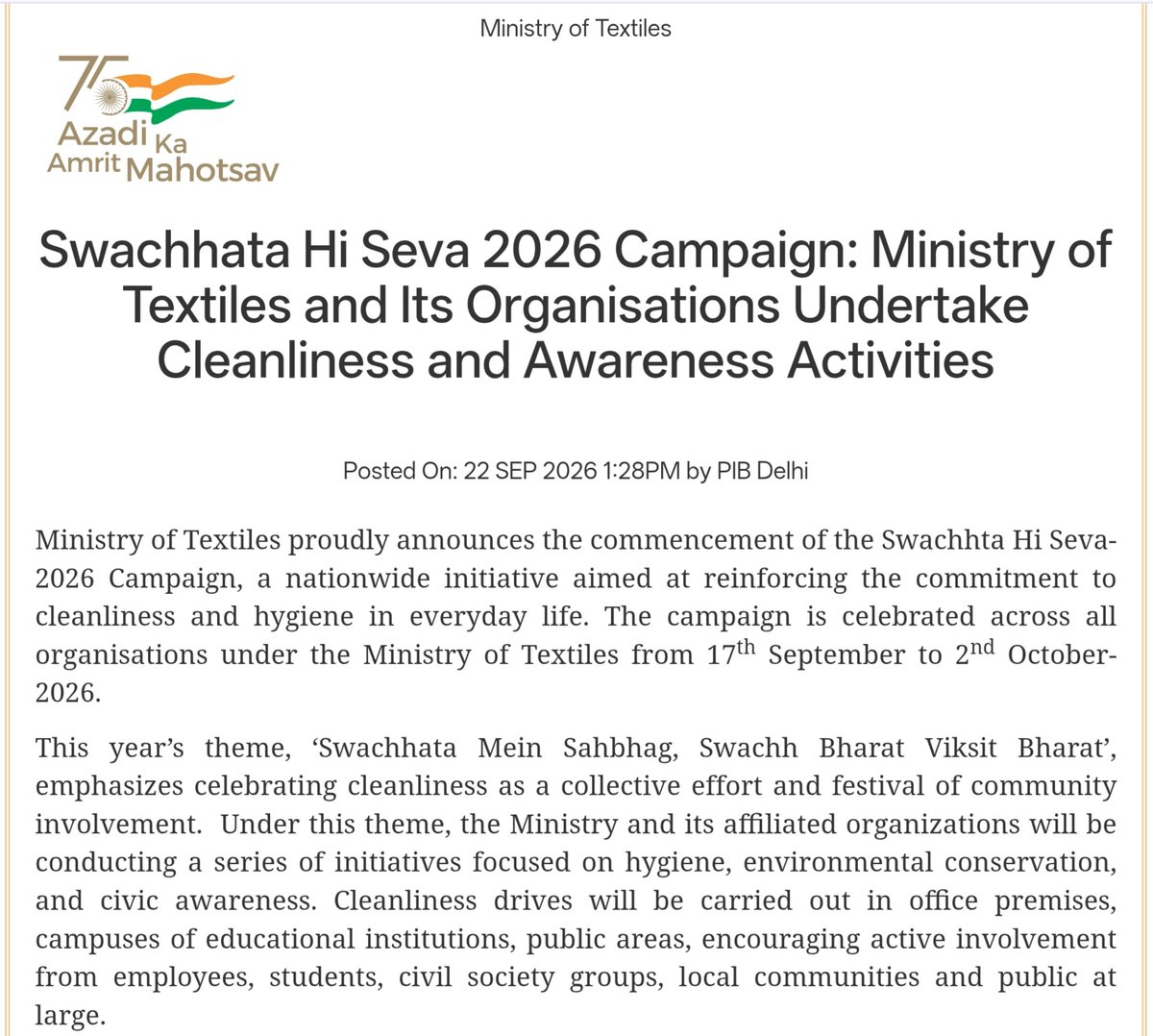 PIBTextiles's tweet photo. Swachhata Hi Seva 2026 Campaign: Ministry of Textiles and Its Organisations Undertake Cleanliness and Awareness Activities

Read More: 🔗https://t.co/MKT7hFiiNa

@girirajsinghbjp @TexMinIndia @PIB_India https://t.co/Prm8qKRL4U