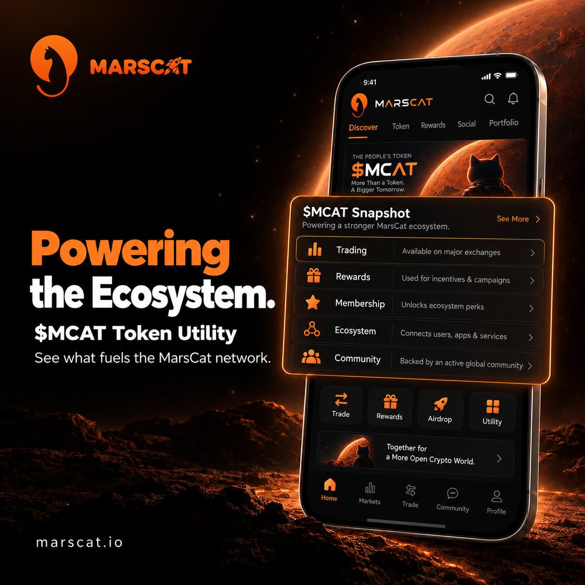 MarsCat_Global's tweet photo. $MCAT is more than a ticker — it’s becoming part of the MarsCat ecosystem. 🐈‍⬛🪐

From trading and rewards to membership perks, community participation, and future ecosystem utilities, $MCAT is designed to connect more activity across MarsCat.

One token. More ways to participate.

Powering the ecosystem, one layer at a time. 🚀

#MarsCat #MCAT #Web3