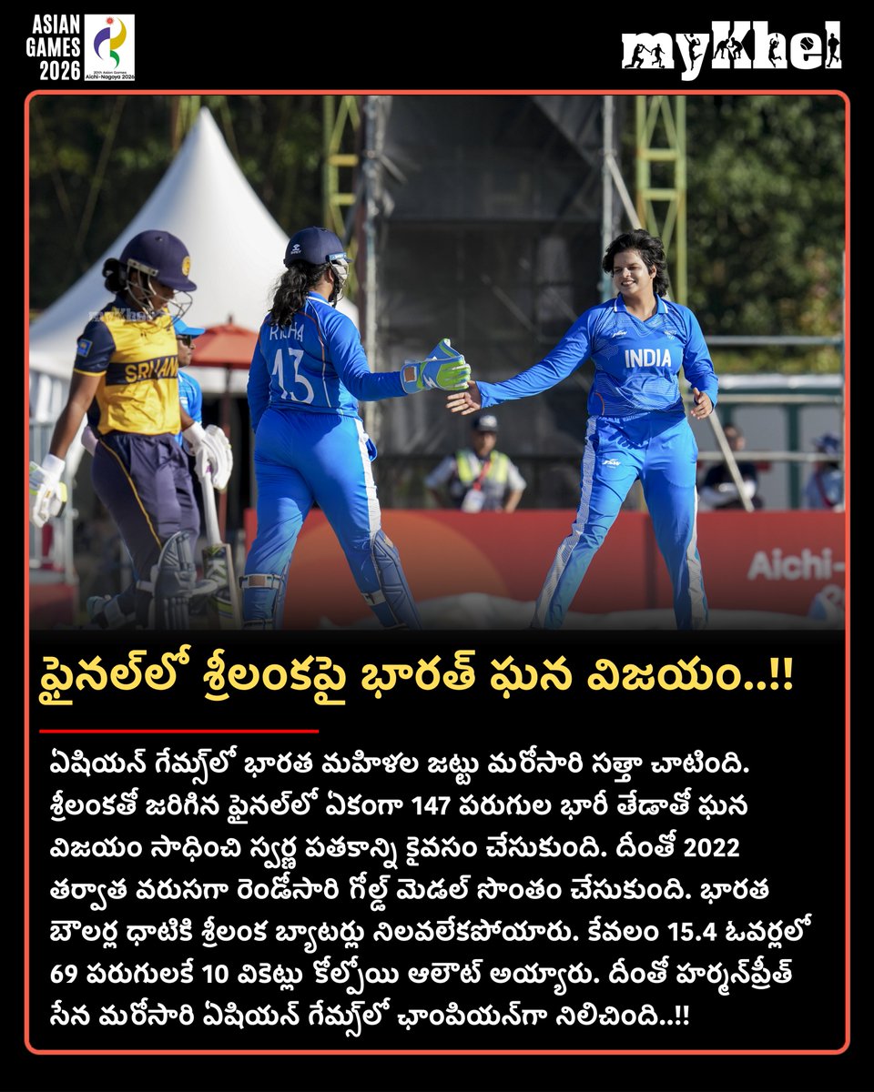myKhelTelugu's tweet photo. ఫైనల్లో శ్రీలంకపై భారత్ ఘన విజయం..!!
#INDWvsSLW #SLWvsINDW #AsianGames #AsianGames2026 #SportsUpdate #Mykheltelugu https://t.co/qltfvMO4E4