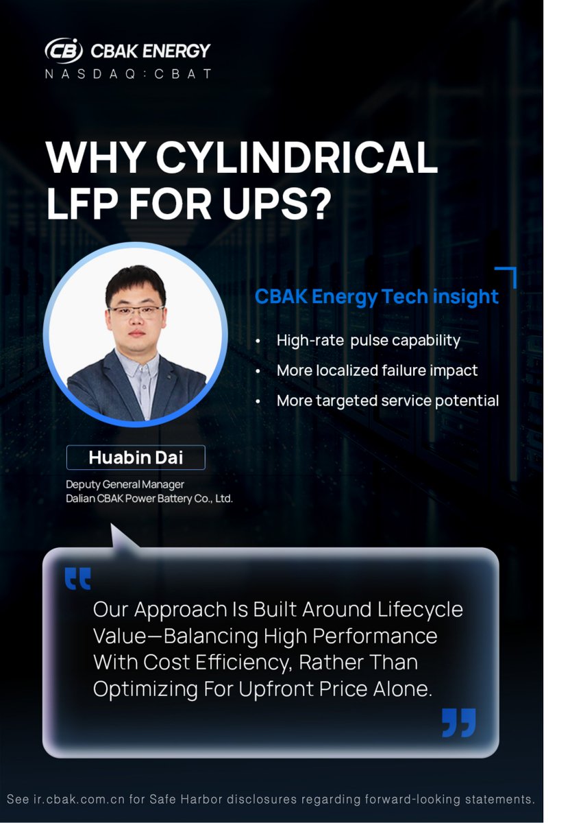 CBAKEnergy's tweet photo. Building reliable UPS systems starts at the cell level. 🔋  
How CBAK Energy ($CBAT) engineered the full-tab 26650 HP V2.0 & PFS2 V2.0:   
🛡️ Contain impact: Smaller capacity localizes failures.
⚡ Peak power: 100C discharge for 1s under specified conditions.
🔧 Simplify service: Targeted replacements.   
Optimal performance requires matching cell architecture to system demands.   

#CBAT #CriticalPower #AIDataCenters