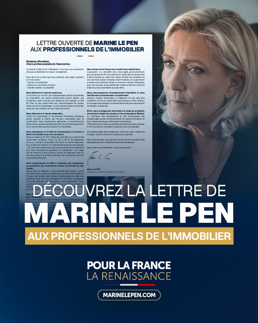 BallardPhilippe's tweet photo. 🏠 @MLP_officiel présente son plan pour le logement aux professionnels de l’immobilier : libérer la construction et le foncier, supprimer le ZAN, abroger la loi SRU, favoriser la rénovation et faciliter l’accès à la propriété.

👉 Retrouvez sa lettre ouverte et l’ensemble de ses propositions : https://t.co/CDjSUpFw5V