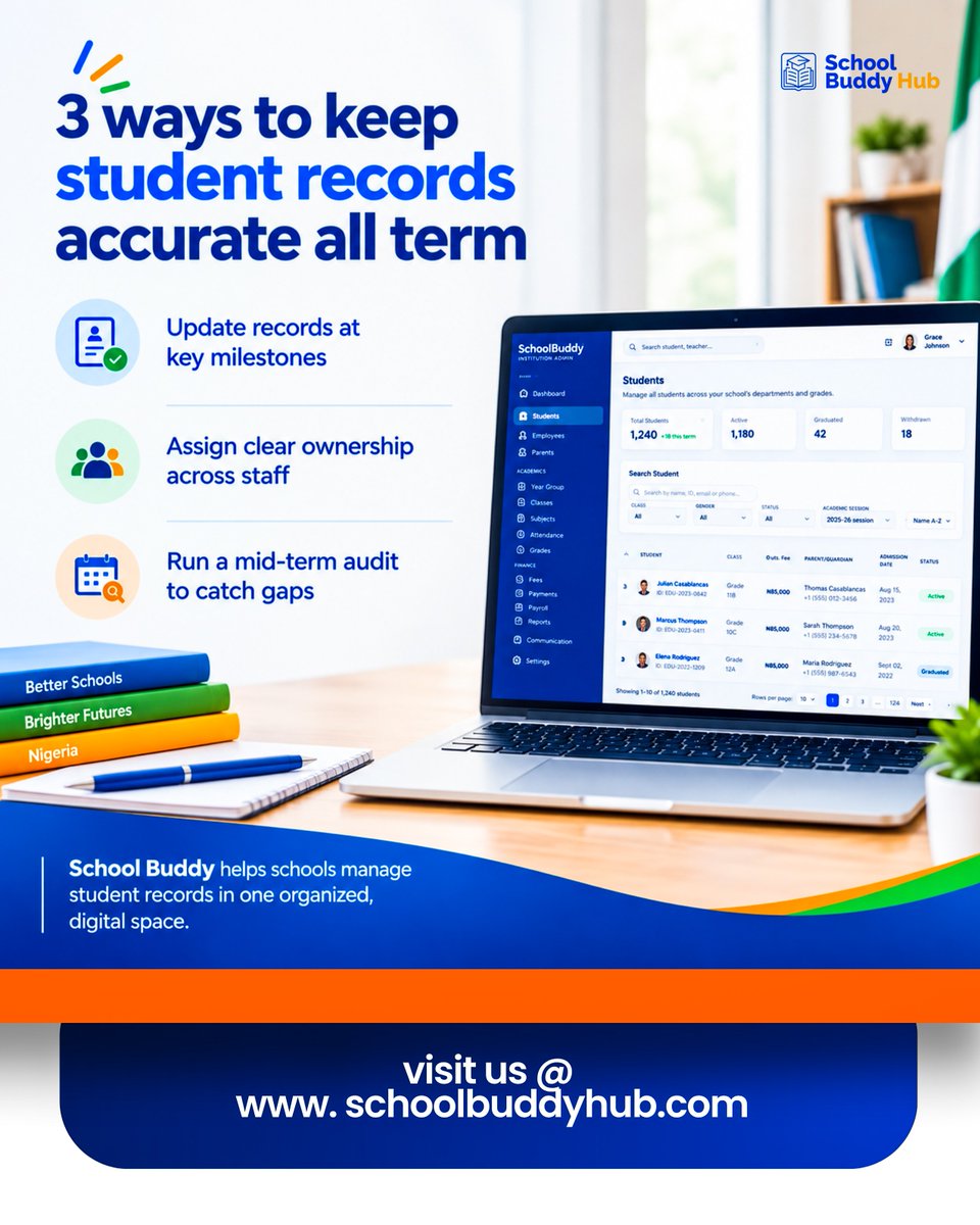 SchoolBuddyHub's tweet photo. Inaccurate student records slow everything down and cause admin headaches. 

​Want to streamline this effortlessly? School Buddy manages all your student records in one organized, digital space 

​#SchoolAdmin #EdTech #SchoolManagement #EdtechNigeria https://t.co/b88uqt5OmG