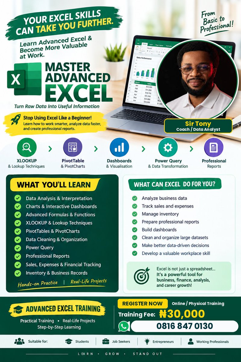 TheRelativism's tweet photo. You need a freelance job? then learn Excel. I’m training beginners and professionals on Advanced Excel,from formulas &amp; functions to data cleaning, analysis, reports &amp; dashboards

💷Training Fee: ₦30,000
Send me a DM now or WhatsApp me: https://t.co/iK5H1MK7iC.
🔥Learn and Earn💰 https://t.co/xkCKLvxwBl