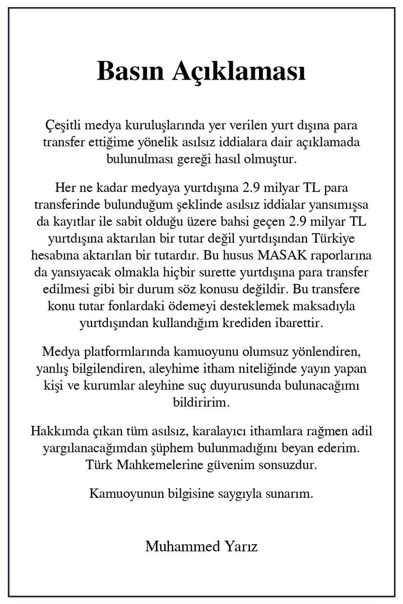 PiyasaTurkiyeTR's tweet photo. 🔴 Muhammed Yarız, 2,9 milyar TL’yi Türkiye'den yurt dışına değil, yurt dışından Türkiye’ye aktardığını açıkladı.

📍Pusula Portföy YKB Muhammed Yarız, 2,9 milyar TL’nin yurt dışına değil yurt dışından Türkiye’ye aktarıldığını ve tutarın fon ödemelerini desteklemek amacıyla kullandığı kredi olduğunu belirterek hakkındaki iddiaları reddetti.

#Pusula #Ktlev