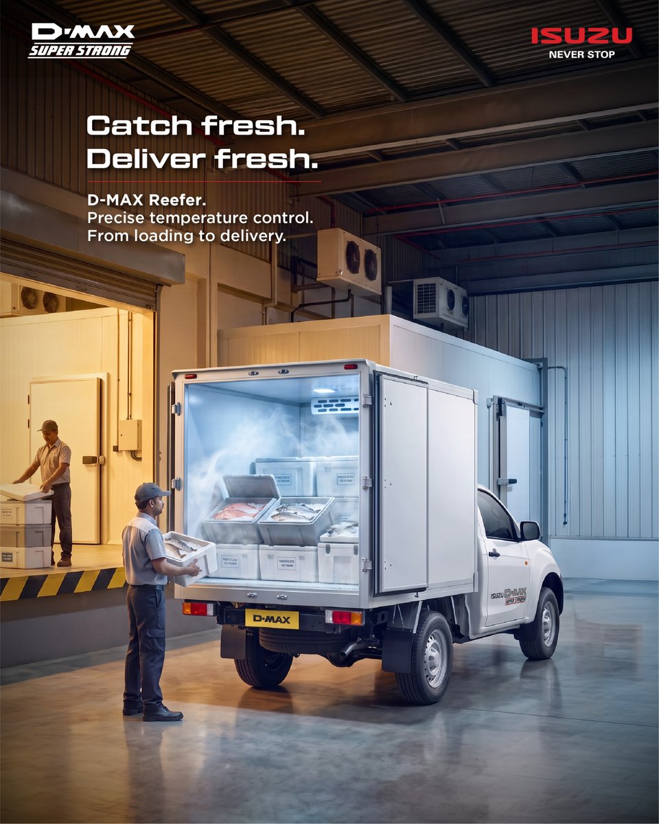 IsuzuIndia's tweet photo. The journey from the day's catch to the customer's order is one where freshness can't be compromised. The ISUZU D-MAX Reefer helps maintain the required temperature, so every order arrives as fresh as it left. ​

#IsuzuMotorsIndia #NeverStop #DMAXReefer https://t.co/5VIWRmdh6P