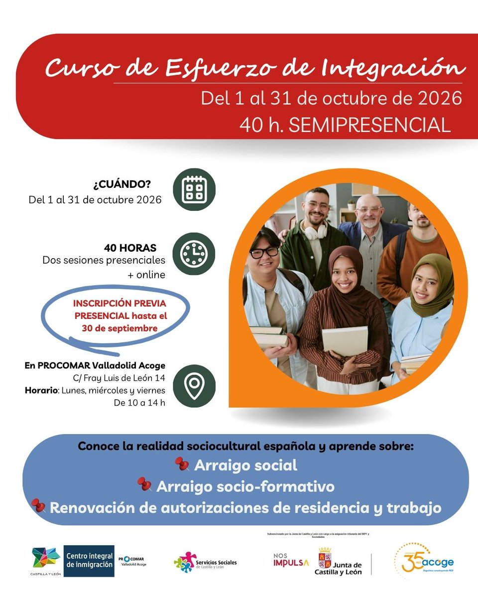 ProcomarVLL's tweet photo. 📢APUNTA!!
En #procomarvalladolidacoge lanzamos un nuevo `CURSO DE ESFUERZO DE INTEGRACIÓN` Muy útil para el proceso de renovación de las autorizaciones de residencia y trabajo de personas extranjeras y los arraigos socio-formativo y social. Te esperamos😉
#integraciónsocial https://t.co/omMB6o0ukL