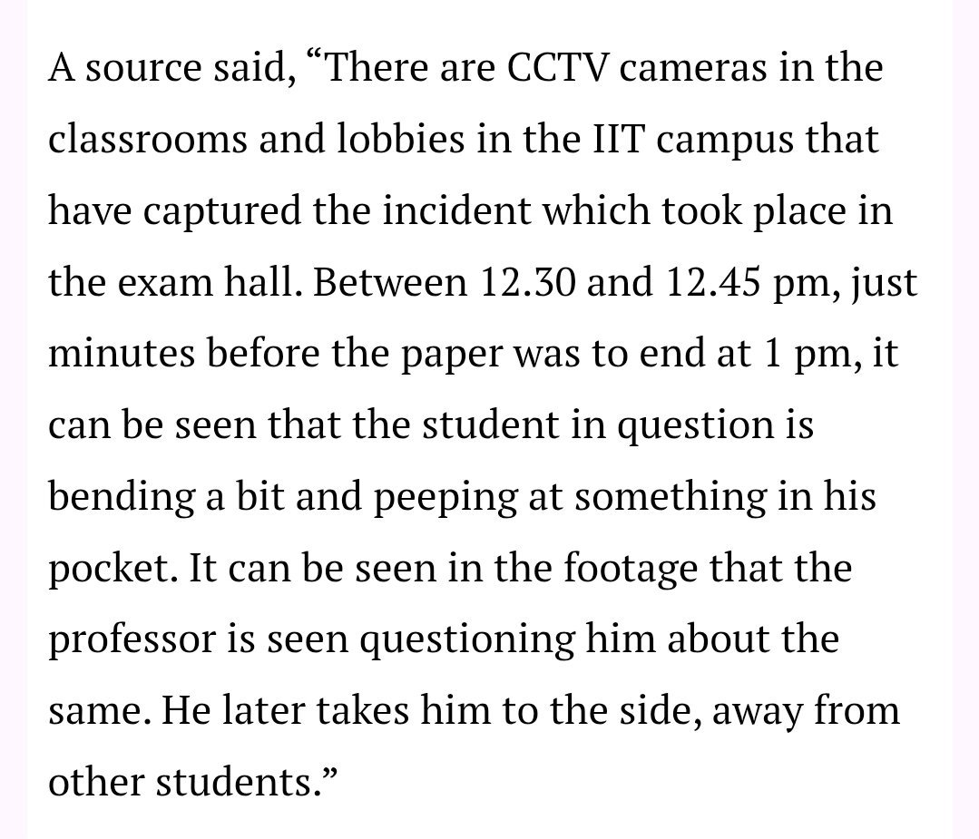 augustkrantii_'s tweet photo. This is the CCTV observation 👇

1. Exam was about to end in 15 minutes 
2. Sahil bend a little bit and peeping something 
3. Professor questioned him 

So there is -
1. No mention of using chatgpt.
2. No mention of cheating. 
3. Looks like IITB fabricated cheating https://t.co/JMsnv1Lfy4