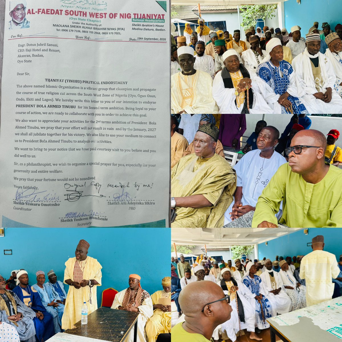 JDSsupportgroup's tweet photo. Tijaniyat Group Declares Support for Tinubu, Alli, Visits JDS at Ilaji

The Al-Faediat South West of Nigeria Tijaniyat (Oyo State Chapter) has declared its support for the second-term ambition of President @officialABAT and the governorship aspiration of Senator @SenSharafaAlli in the 2027 Oyo State election.

The Islamic group made its position known during a visit to Chief Jubril Dotun Sanusi at Ilaji Hotels and Sports Resort, Akanran, Ibadan, where the delegation formally presented a letter conveying its position.

The Tijaniyat group, under the authority of Maolana Sheikh Alhaji Ibrahim Niyas (RTA), described itself as an organisation committed to propagating the course of Islam across the South-West and expressed its readiness to collaborate with Chief Jubril Dotun Sanusi towards its political objectives.

The delegation also appreciated our principal's efforts and activities in support of President Tinubu and expressed its desire to use JDS platform to further engage with the President and analyse developments surrounding the 2027 political process.

Our father, Chief Jubril Dotun Sanusi appreciate the Tijaniyat leadership for the visit, their prayers, goodwill and confidence.

The group also expressed its intention to organise a special prayer for JDS comes 17th  October, 2027 in appreciation of his philanthropic activities, generosity and commitment to community development.

The visit further provided an opportunity for meaningful dialogue and engagement as stakeholders continue to mobilise ahead of the 2027 elections.

JDS Support Group remains committed to constructive engagement with community, religious, traditional and grassroots stakeholders in the interest of our people.

#JDSSupportGroup #OyoState2027 #Tinubu2027 #TijaniyaMovement #BSA2027