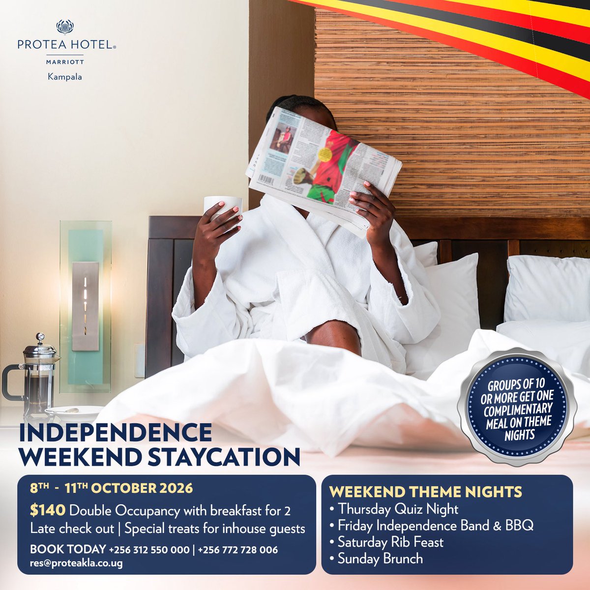 ProteaKampalaH's tweet photo. Independence is a good excuse to press pause. 🇺🇬

Make it a staycation at PHK. A comfortable room, good food and nowhere you need to rush off to.

Sometimes getting away doesn't require going far.

#PHK #IndependenceUganda #Staycation https://t.co/2IUshjH7n6