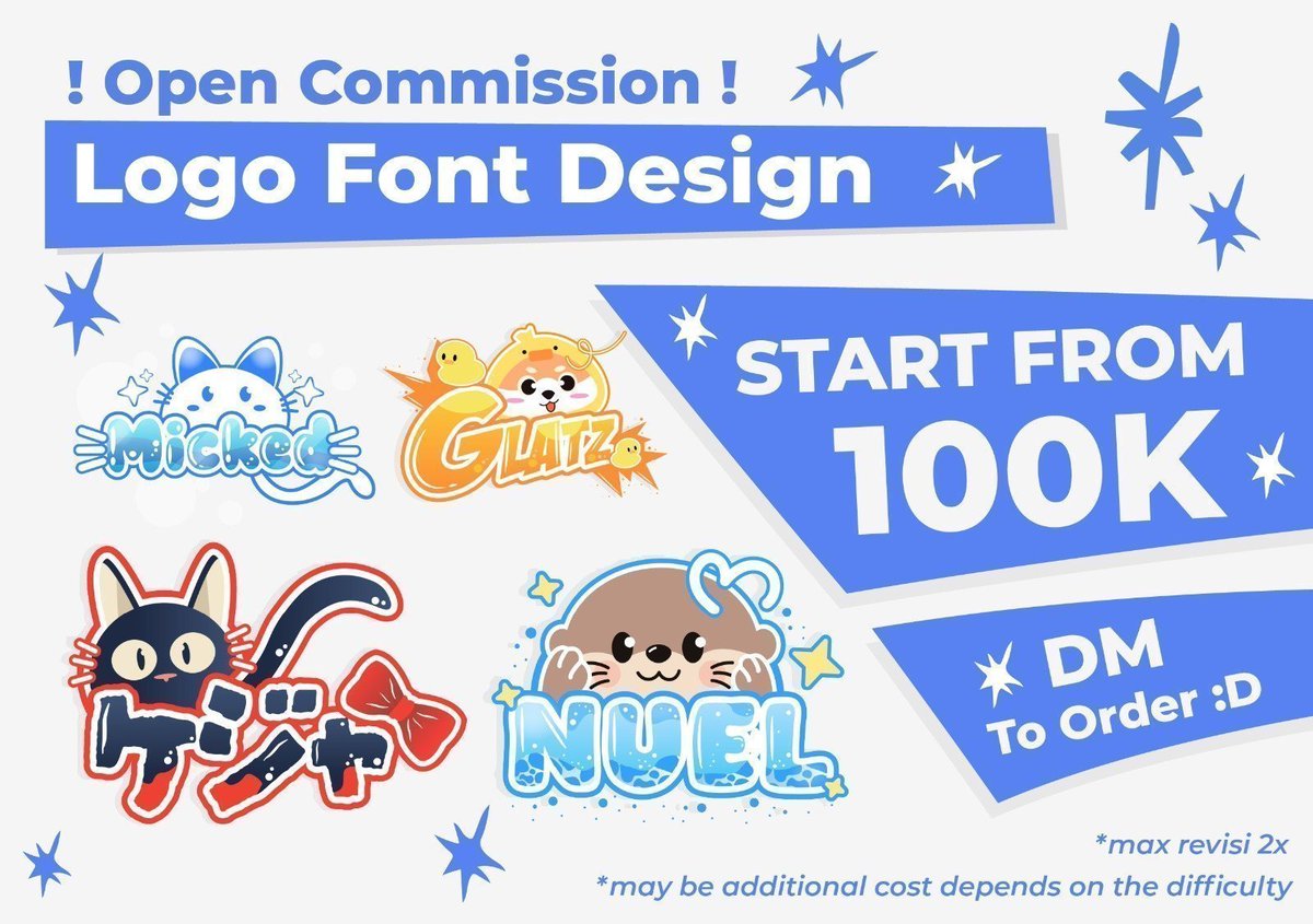 _micked's tweet photo. [repost, and share are very appreciated]
OPEN COMMISSION 🇮🇩✨

OPEN ORDER logo font design bisa
- buat watermark (wm)
- personal branding
- judul - judul
- logo usaha

harga bisa nego ya
order langsung dm aku yaa😉
#zonajajan #zonauang #bealanja https://t.co/Yf8Cg4DZZw