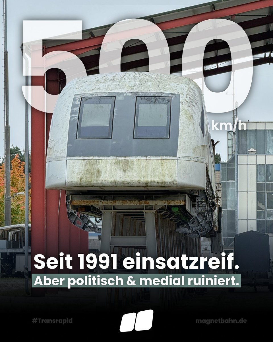 MagnetBahn's tweet photo. Seit 1991 ist der Transrapid in Deutschland einsatzreif. Doch die Politik hat immer wieder neue Argumente gefunden, das System zu ruinieren und zu stigmatisieren. 

Mit Geschwindigkeiten von 500 km/h könnte er das Bahnnetz entlasten, Pünktlichkeit zur Normalität machen und ultraschnell durch Europa reisen. 

Flüge würden überflüssig, dazu ein Komfort, den man so von keinem anderen Verkehrssystem kennt.

Der Politik und den meisten Medien ist das egal. Beide reiten lieber auf falschen Vorurteilen und Stigmatisierungen herum, um ein negatives Bild über den Transrapid in der Gesellschaft aufrechtzuerhalten, statt über seine tatsächlichen Vorteile zu berichten.

Nur @MagnetBahn(.de) wirkt dem entgegen.