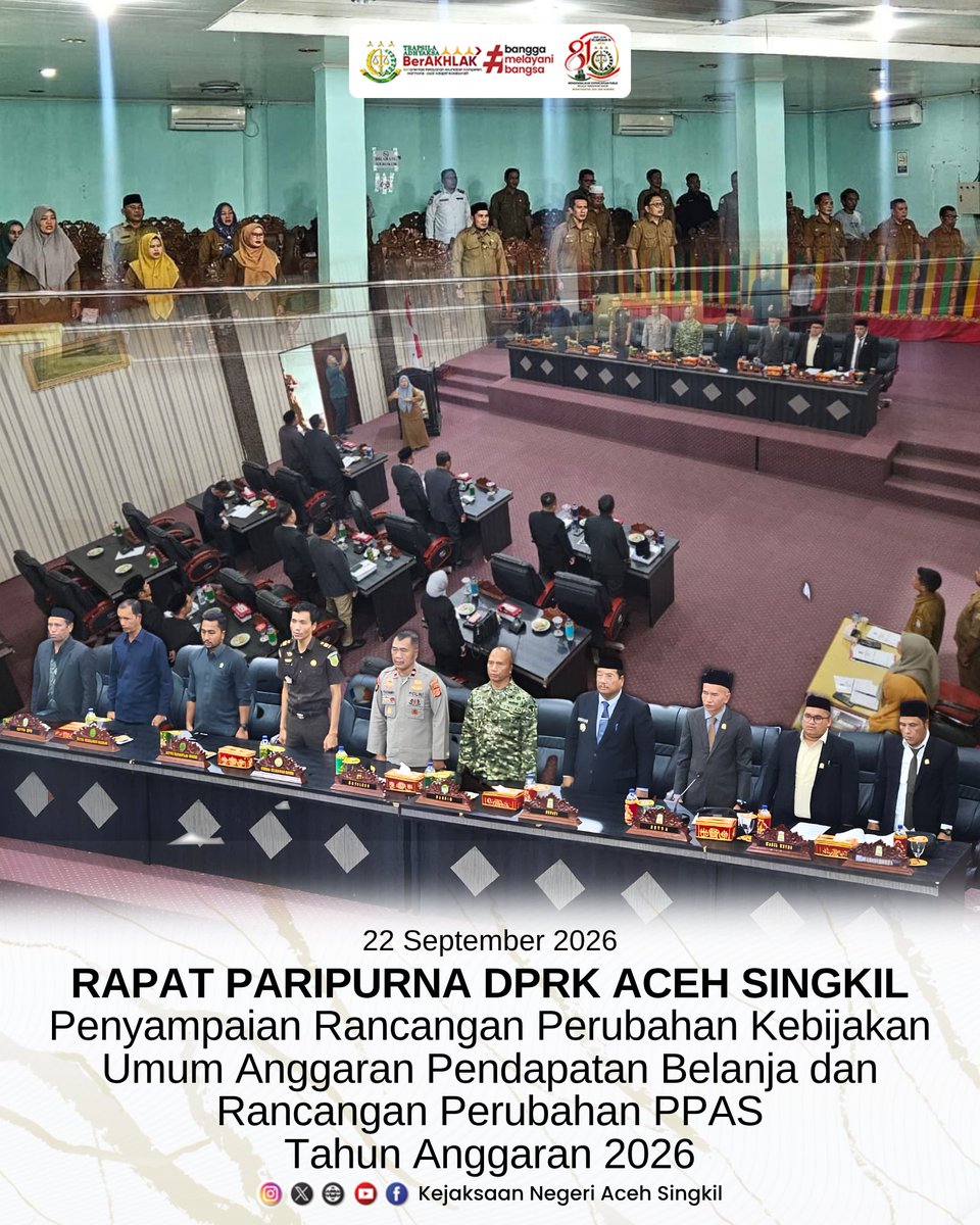 knsingkil's tweet photo. Selasa, 22 September 2026

Kasi Intelijen, Bapak Raja Liola Gurusinga, S.H. menghadiri Rapat Paripurna DPRK Aceh Singkil dalam rangka Penyampaian Rancangan Perubahan Kebijakan Umum Anggaran Pendapatan Belanja Kabupaten Aceh Singkil dan Rancangan Perubahan PPAS Tahun Anggaran 2026 https://t.co/0cDj3qX00F