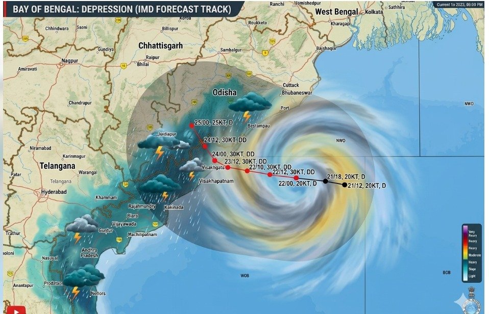 Mpalawat's tweet photo. The depression over the Bay of Bengal may intensify into a DD and cross the North Andhra Pradesh–South Odisha coast on the evening/night of September 23. Winds may reach 60–70 kmph, accompanied by heavy rain, rough seas and a possible storm surge. @SkymetWeather @JATINSKYMET https://t.co/CoQgtX1zWE