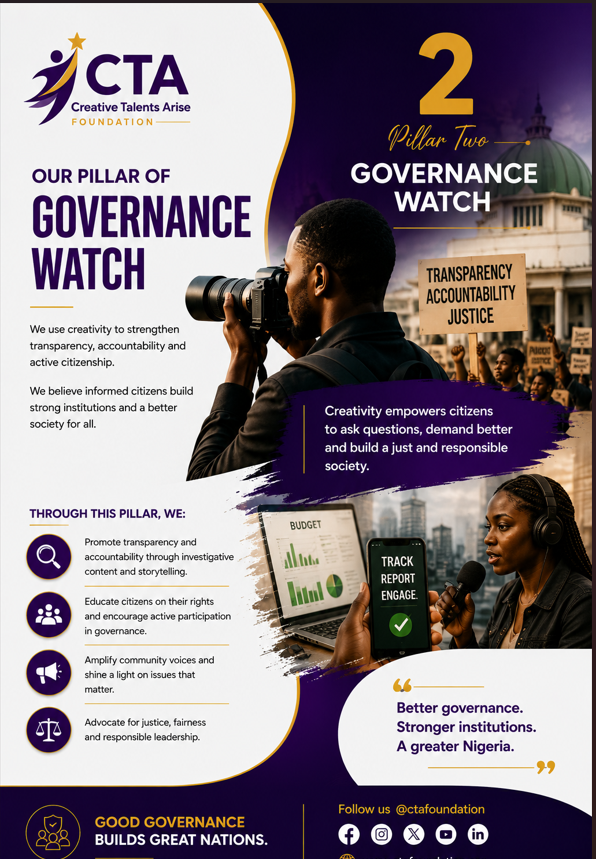 creativesarise's tweet photo. : Governance Watch
An informed citizenry strengthens society. Through creative storytelling, civic education and accountability-focused content, CTA Foundation promotes transparency, participation and responsible citizenship.
#CTAF #GovernanceWatch #GoodGovernance https://t.co/apo4RsC8BU