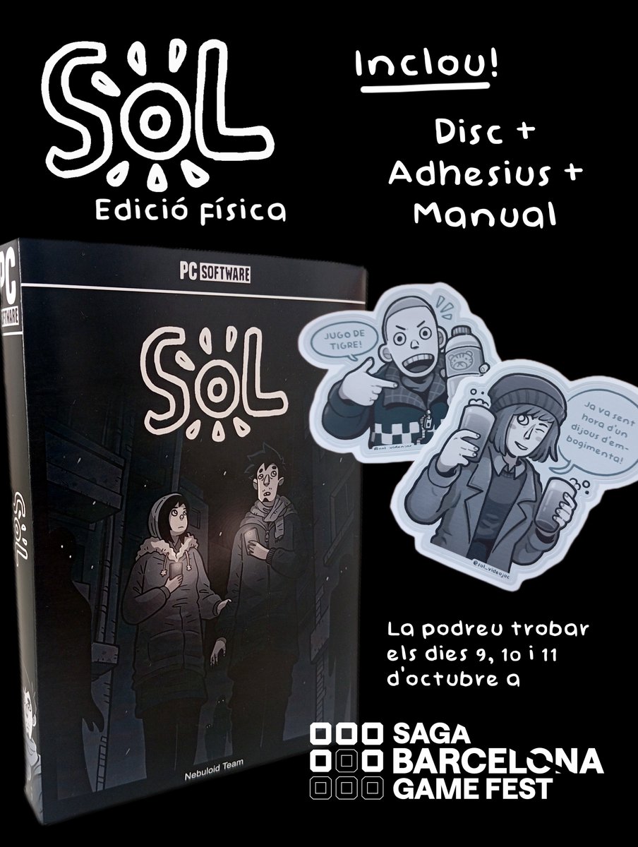 nebuloid_team's tweet photo. Bon dia! Els propers 9, 10 i 11 d'octubre serem al @SAGABCNGameFest d'enguany ☀️

Aquest cop venim carregats amb l'edició física de Sol... i alguna altra sorpreseta 👀

Us hi esperem! https://t.co/5mhYlAFMpE