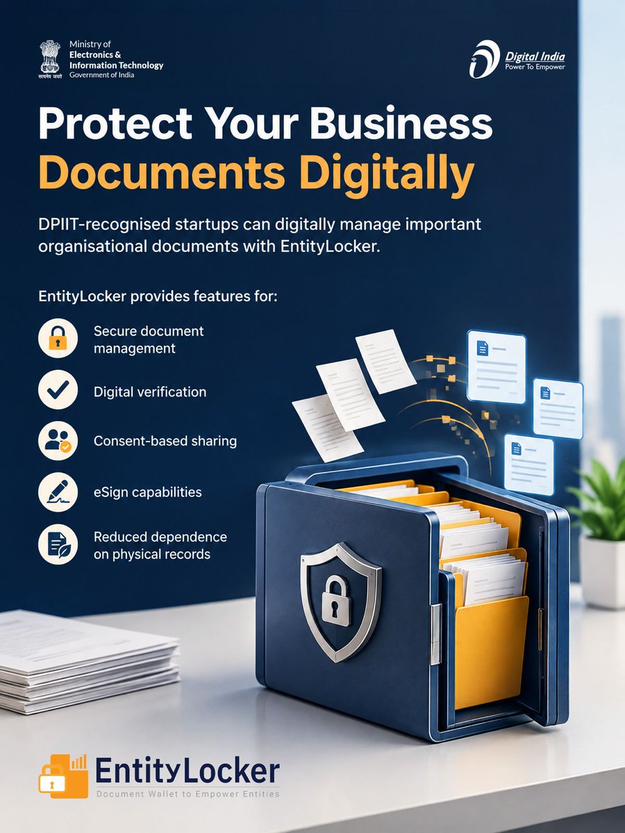 GoI_MeitY's tweet photo. DPIIT-recognised startups can now securely store, manage, and share essential organizational documents with EntityLocker. Enjoy paperless operations with consent-based sharing, eSign capabilities, and complete digital security.
#DigitalIndia #EntityLocker https://t.co/bs5J5BytPC