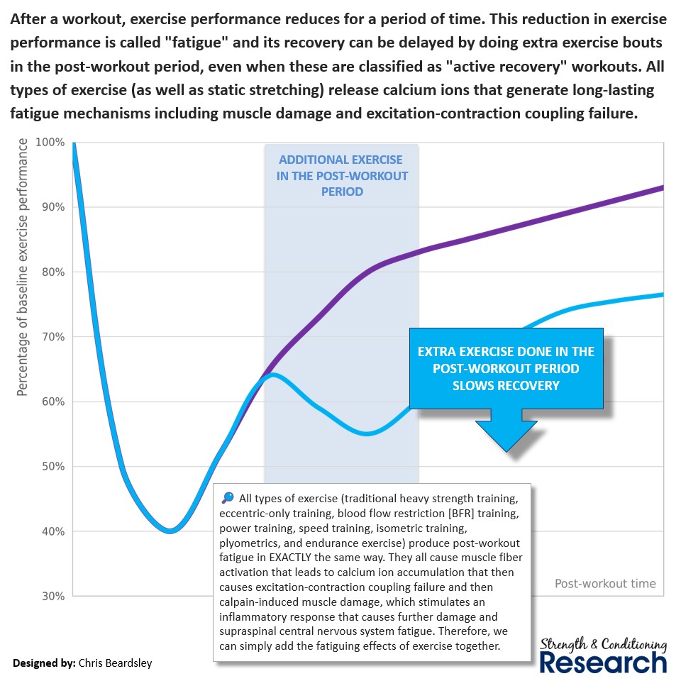 SandCResearch's tweet photo. It is easy to see that "active recovery" is not going to produce a faster rate of post-workout recovery when we have a clearly described physiological model of fatigue. The active recovery workout will only ever add more fatigue on top of the pre-existing fatigue. https://t.co/rnY6YfeDhX