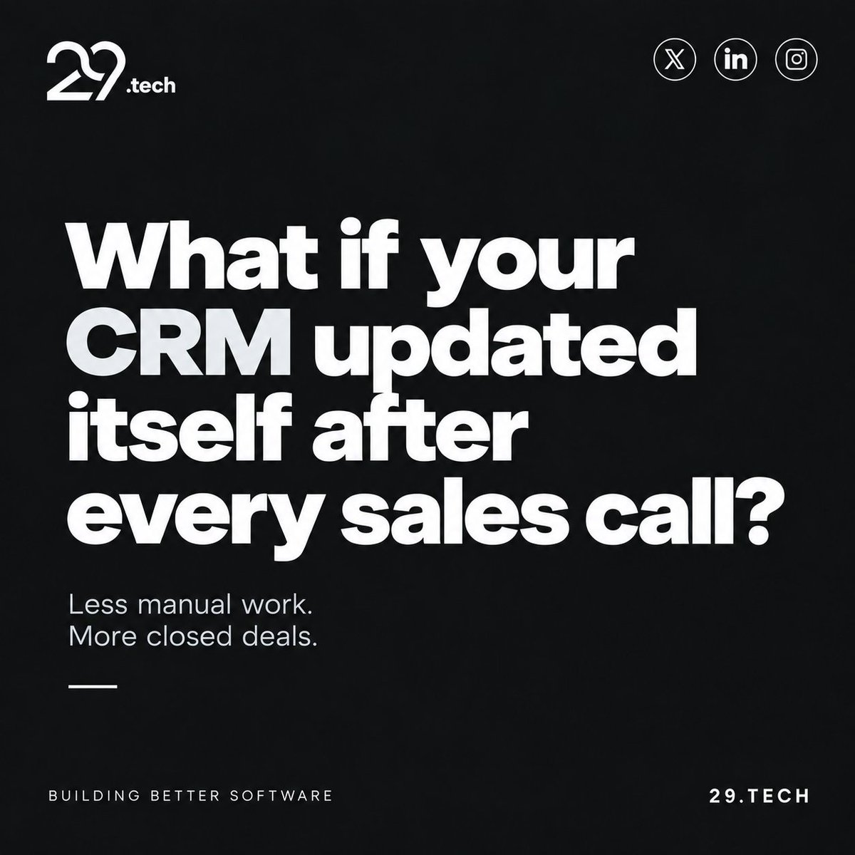 29dot_tech's tweet photo. What if your CRM updated itself after every sales call?

AI can transcribe calls, extract key information, update your CRM, create follow-ups, and draft emails.

Less manual work. More time selling.

At https://t.co/IKZfYb9iqt, we build AI workflows that make it happen. https://t.co/jCRGGuCWWs