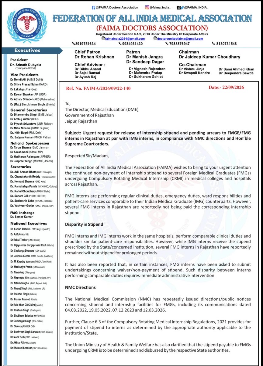FAIMA_INDIA_'s tweet photo. 🚨 7 DAYS OF PROTEST — HOW LONG WILL FMG INTERNS BE FORCED TO WAIT FOR THEIR STIPEND?

FAIMA has written to DME Rajasthan demanding immediate release of stipend and pending arrears to FMG interns at par with IMG interns.
These interns are working in wards and emergencies, yet remain unpaid. Their legitimate demand cannot be ignored any longer.
#FAIMA #FMG #FMGE #Rajasthan #EqualStipend