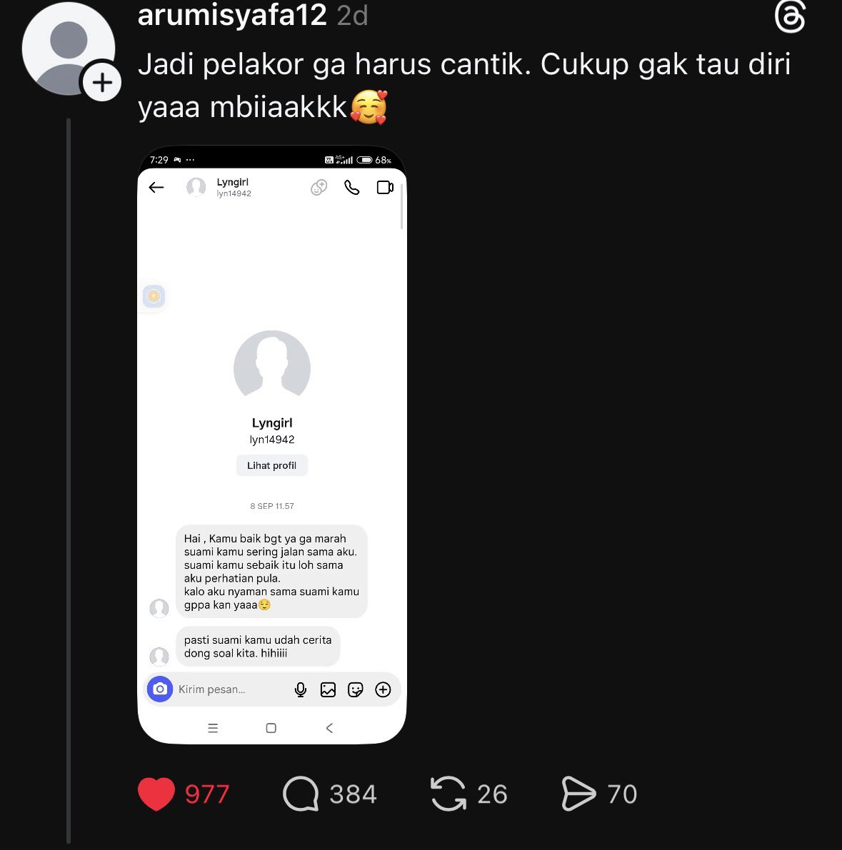 watermealen's tweet photo. busettt pelakorr zaman skrgg.. mbak malu mbakk bukannya malah pamer kalo jd selingkuhannn wkwkwkwk 🙂 mau kok sama laki org… 

kalo cantik ya sama yang lain aja.. gaada yang mau ya mbak apa gimanaa deh 😭 mana bangga lagi jd pelakor.. 🙂 https://t.co/Rl2wEkiVZH